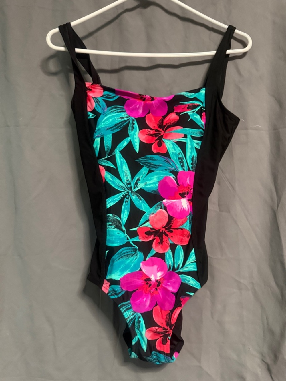 Beach Diva Womens Black One-Piece Swimsuit with Pink & Teal Floral Print